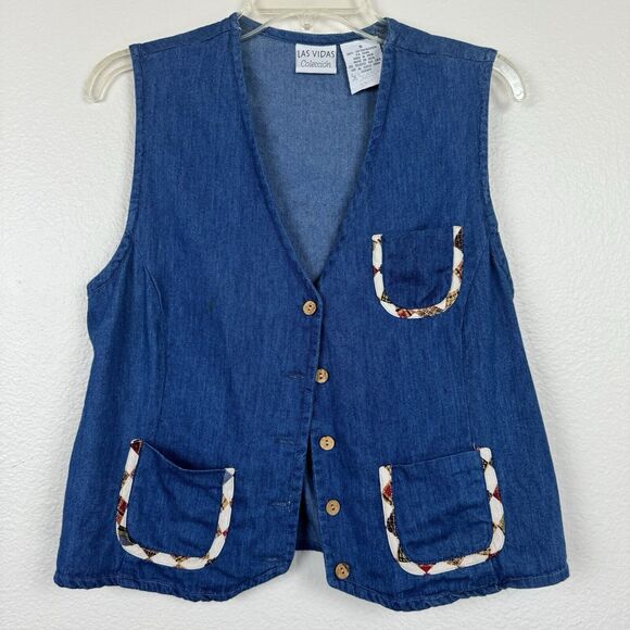 Vintage Las Vidas Coleccion Cotton Denim Medium Wash Blue Jean Vest Small - Picture 1 of 10
